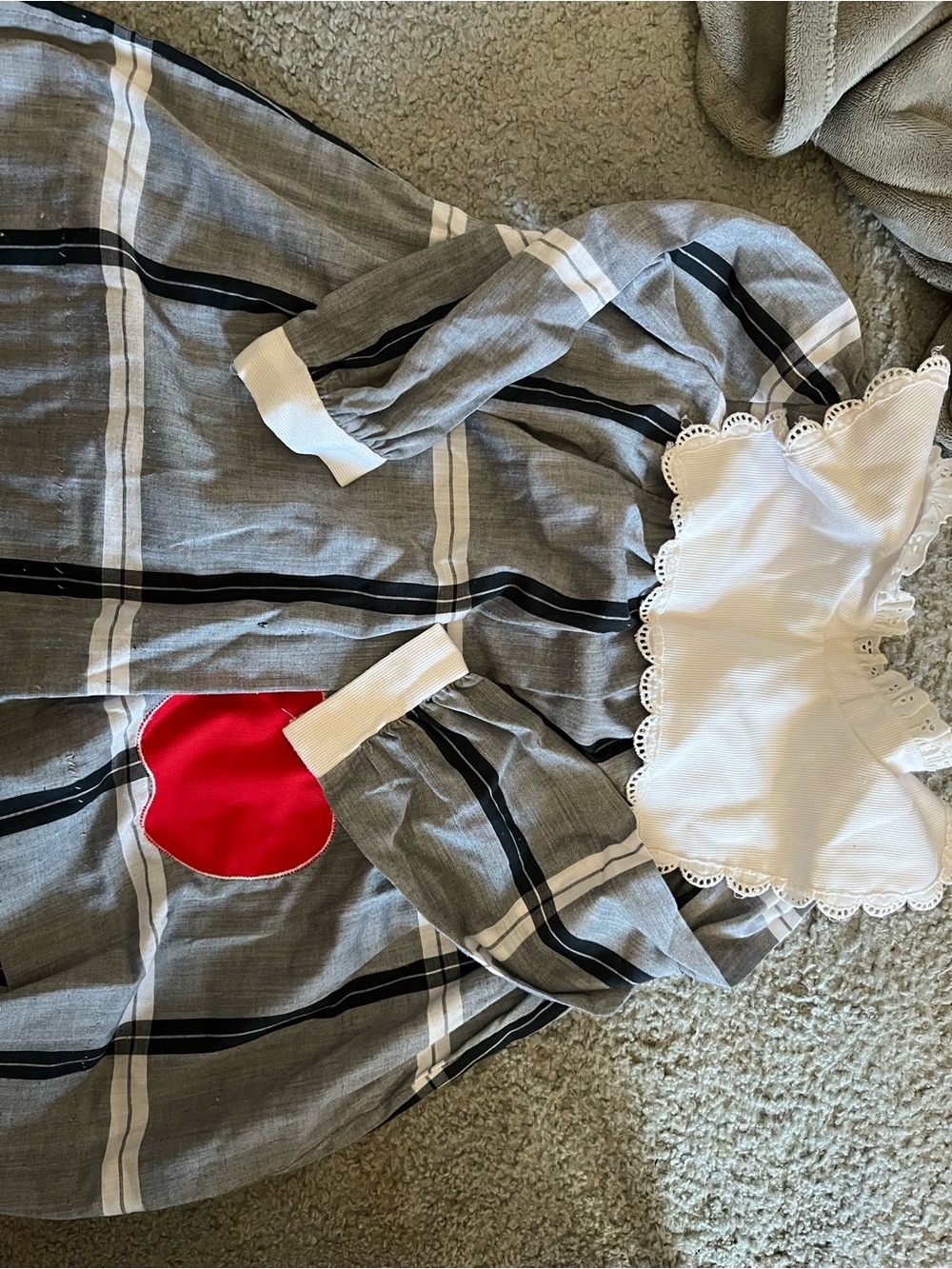 Gray Plaid Dress with White Lace Collar and Red Heart Patch